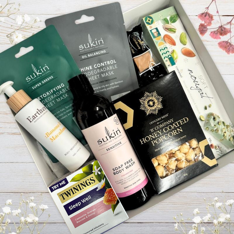 New Mum Recovery Gift Hamper with Sukin skincare, calming tea, gourmet treats and nourishing body care.
