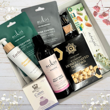 New Mum Recovery Gift Hamper with Sukin skincare, calming tea, gourmet treats and nourishing body care.