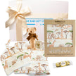 Baby gift set with swaddle wrap, teddy bear, and Lindt chocolate bar.