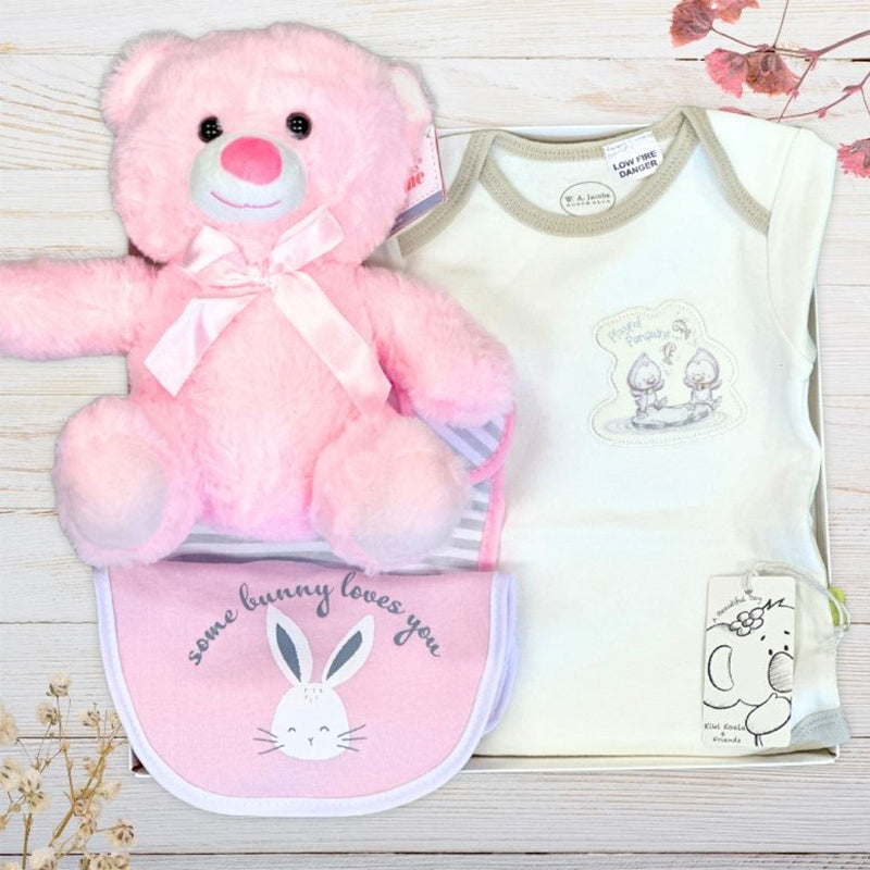 Pink teddy bear and baby bib with 'some bunny loves you' text on a wooden surface.