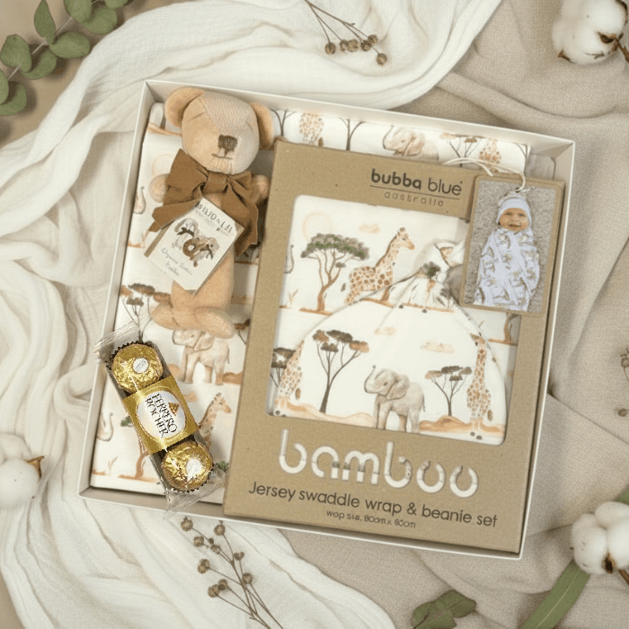 organic baby gift box with safari animal print baby gifts