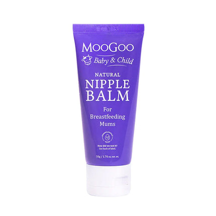 Purple tube of MooGoo Baby & Child Nipple Balm on a white background