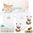 baby gift set with organic baby clothes, natural gaia baby skincare and bear rattle toys