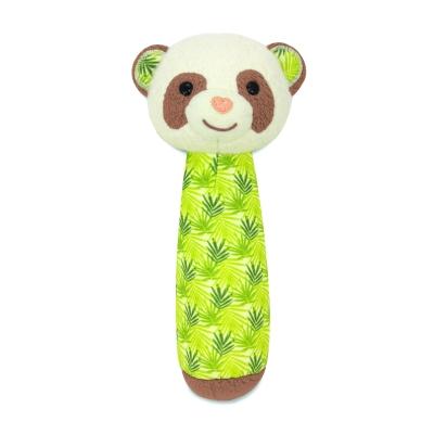 Plush toy with a panda face on a green patterned handle against a white background