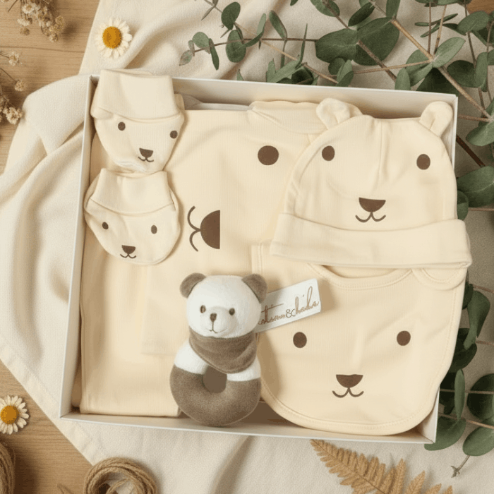 cream baby clothes with face face print, with bear toy. All inside a gift box on pretty surface