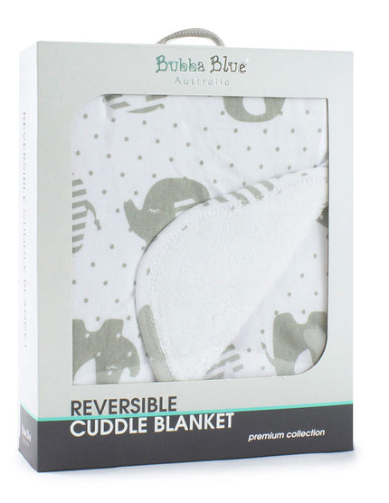 Reversible cuddle blanket in packaging with Bubba Blue branding