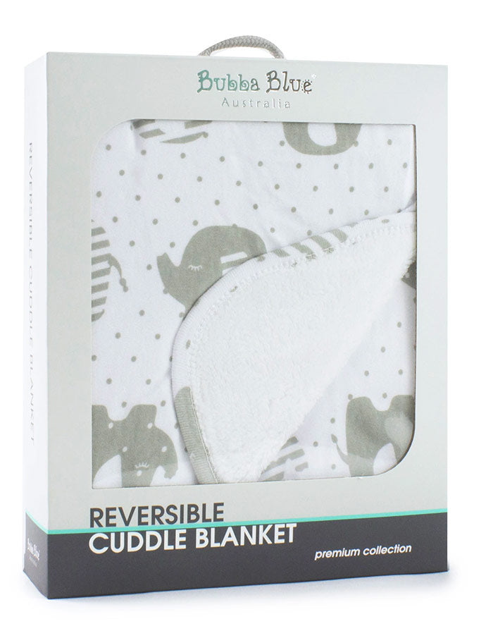 Reversible cuddle blanket in packaging with Bubba Blue branding