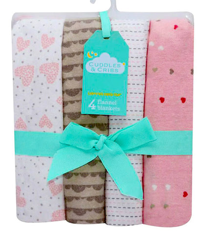 Set of four baby blankets with a teal ribbon and tag, featuring heart patterns on a white background.