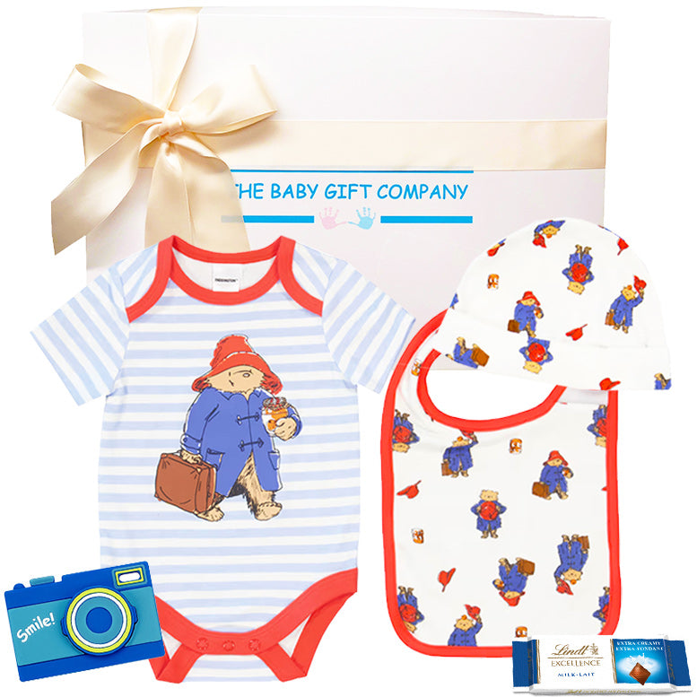Paddington Bear baby gift hamper for newborn babies, with clothes and toy