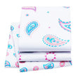 Folded fabric with pink and blue paisley patterns on a white background