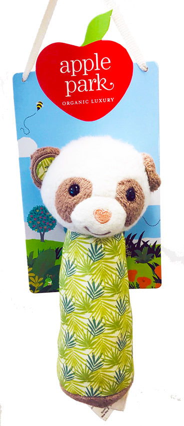 Stuffed animal toy with a green patterned cloth, branded 'Apple Park', on a white background