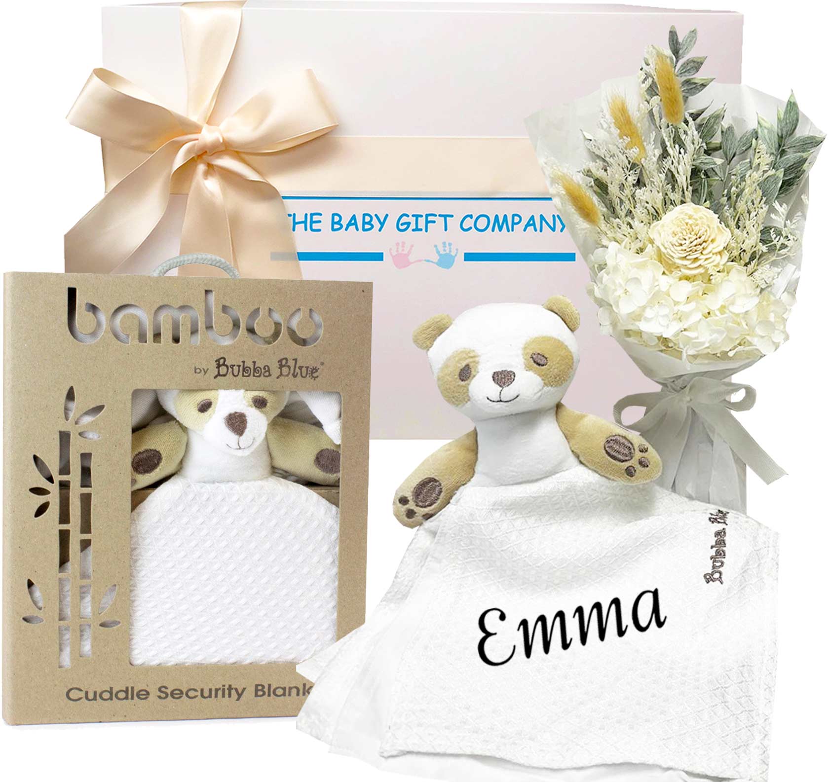New mother and baby gift hamper with toy and preserved flowers