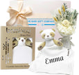 New mother and baby gift hamper with toy and preserved flowers