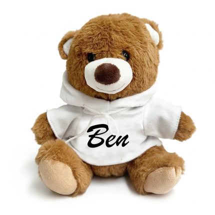 Personalised brown hoodie teddy bear with custom baby name on removable white jumper for newborn gift hamper