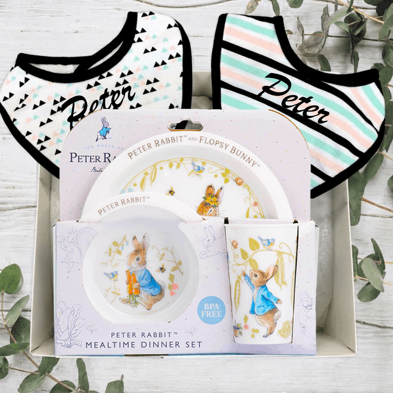 Peter Rabbit-themed mealtime dinner set with plates, bowls, and bibs on a wooden surface.