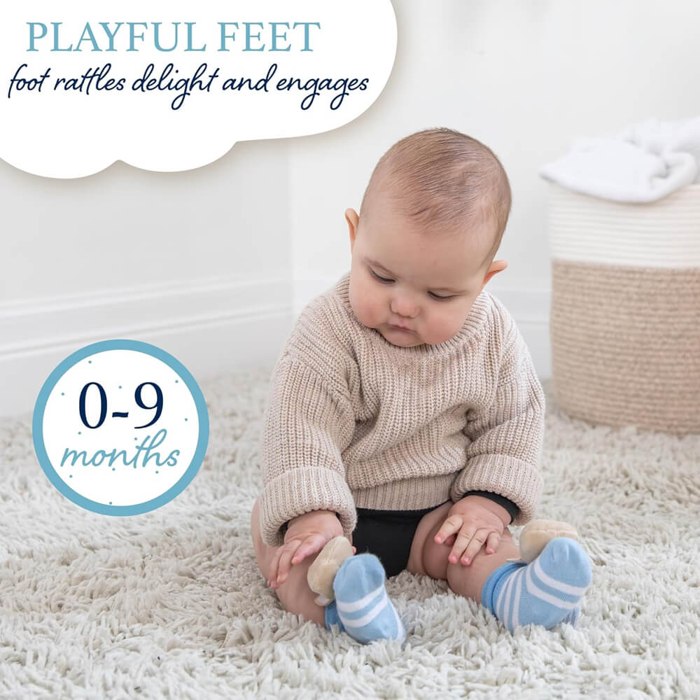 Baby wearing Peter Rabbit Sock Foot Rattles
