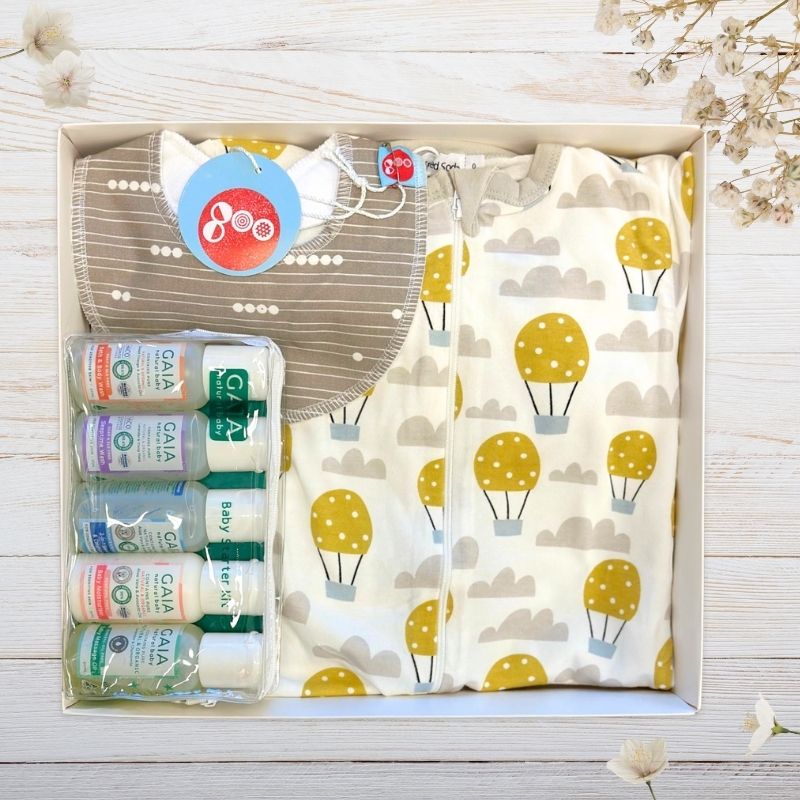 baby gift set with baby clothes and gaia products