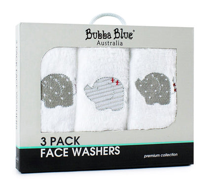 Packaging of Bubba Blue Australia face washers with three designs on a white background