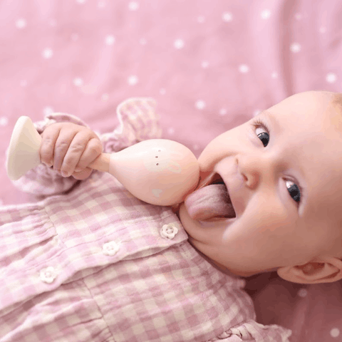 Baby girl holding Wooden Maracas on pink dotty blanket