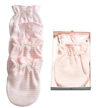 Cotton Baby Mittens with ruffles and a bow, displayed both on a white background and in an open box.