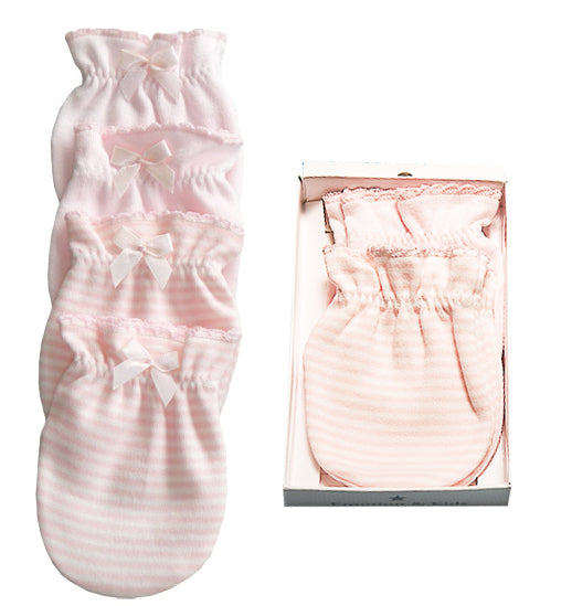 Cotton Baby Mittens with ruffles and a bow, displayed both on a white background and in an open box.