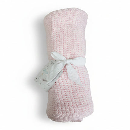 Pink Crochet Cellular Blanket on a white background