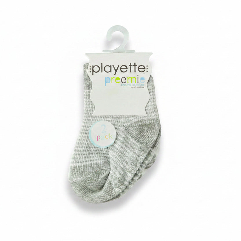 Playette 2 Pack Preemie Socks in soft cotton blend with striped and white designs