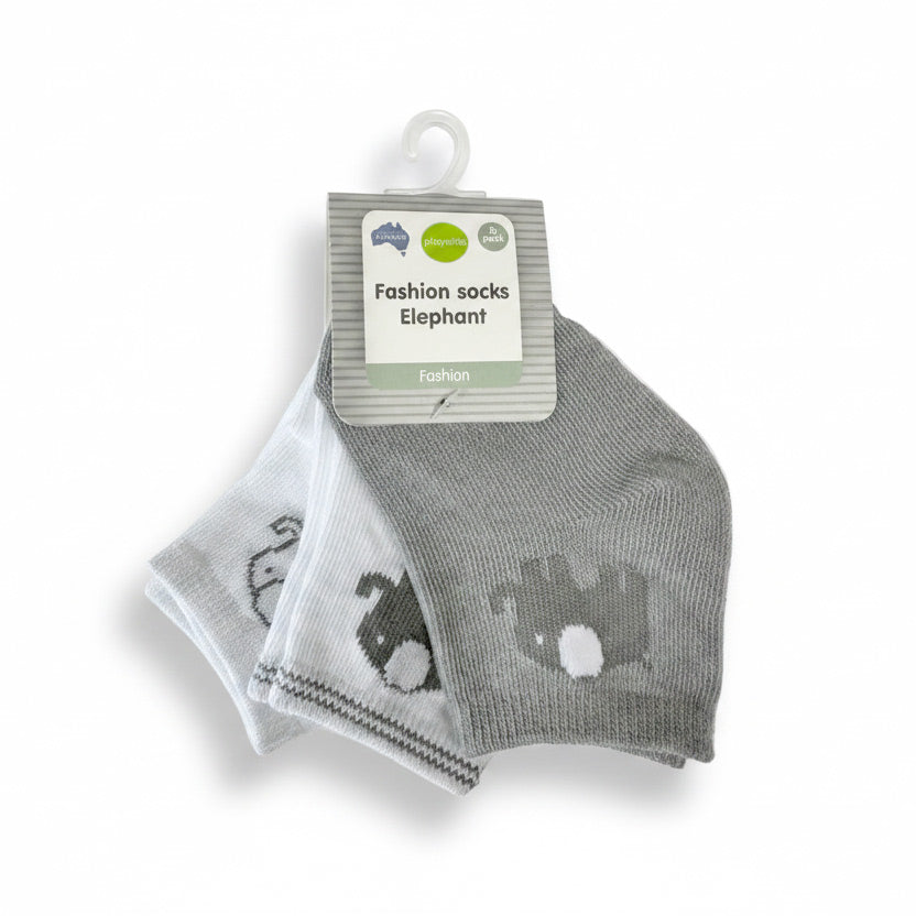 Playette Elephant Cotton Socks 3 Pack on a white background