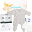 Baby gift set with gray onesie, face washers, and Johnson's products on a white background.