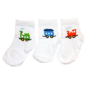 Three baby socks with train designs on a white background