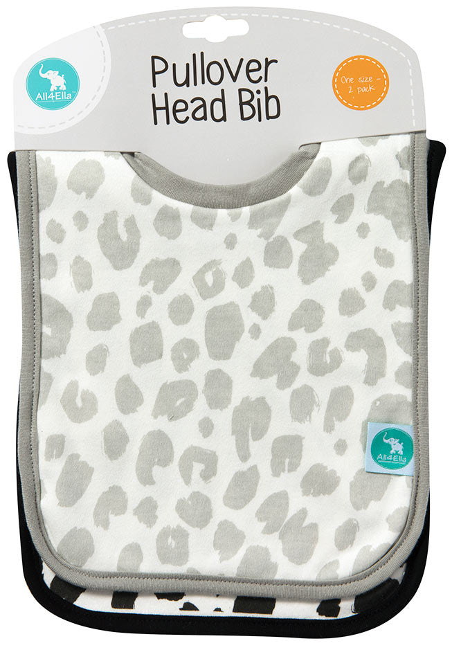 Pullover head bib with gray leopard print pattern on a white background