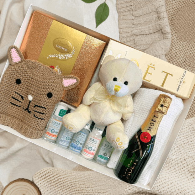 Baby Gift set with teddy bear, cat-shaped knitted hat, Moét champagne, and gaia skincare on a material surface.