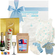 Collection of baby gift items including a moet bottle, lamb toy, and other products with a blue ribbon on a white background.