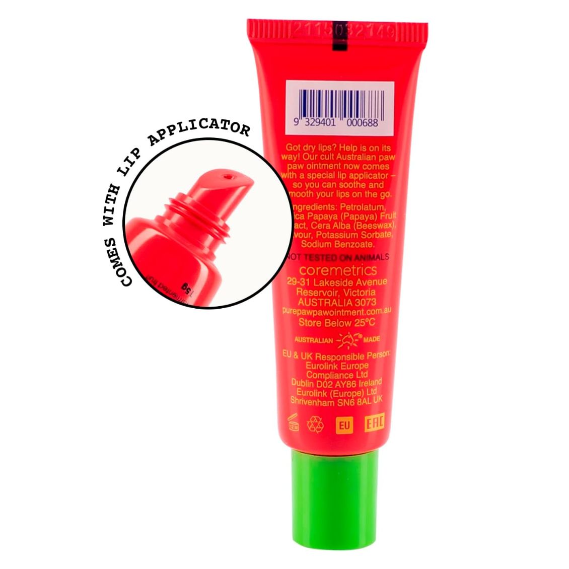 Pink tube of 'pure paw paw' lip balm with cherries and leaves on a light green background