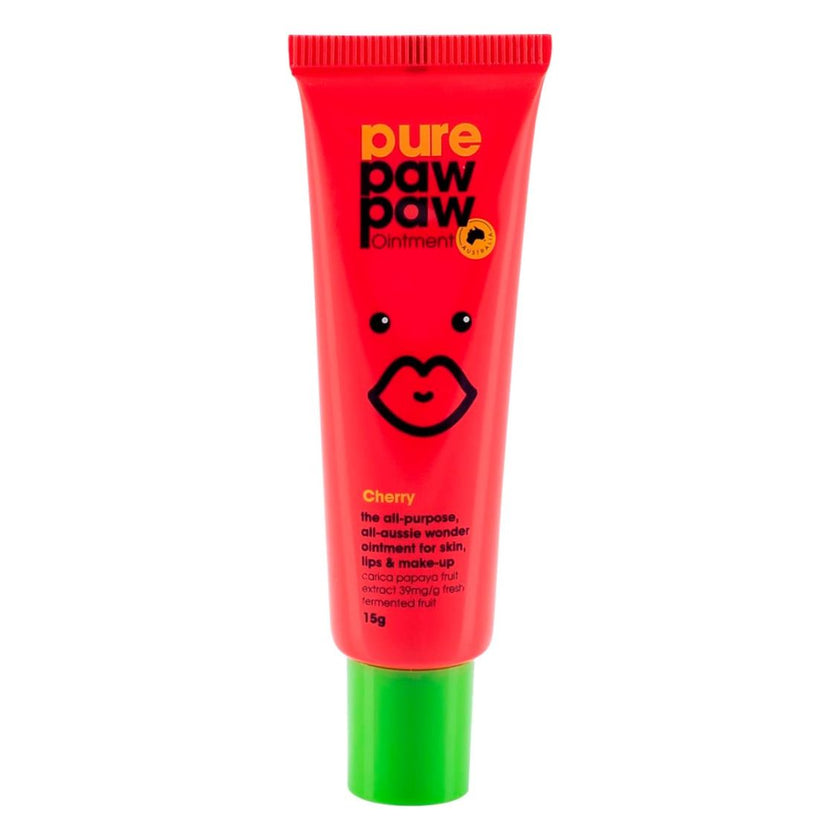 Red tube of pure paw paw ointment with a green base on a white background