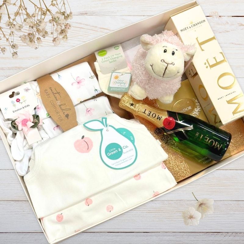 Gift box with baby girl items including a plush lamb toy, bottles, and a box of Moet champagne.