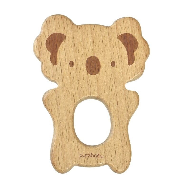 koala shaped teething ring with 'purebaby' branding on a white background