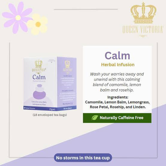 Queen Victoria Calm herbal infusion packaging with product description and branding.