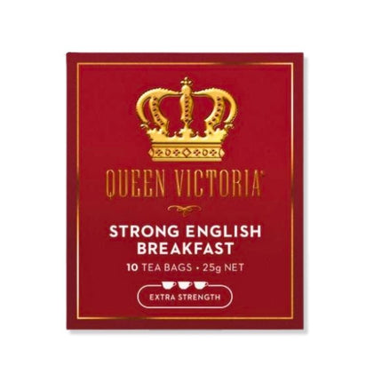 Red packaging of Queen Victoria Strong English Breakfast tea with a gold crown logo.