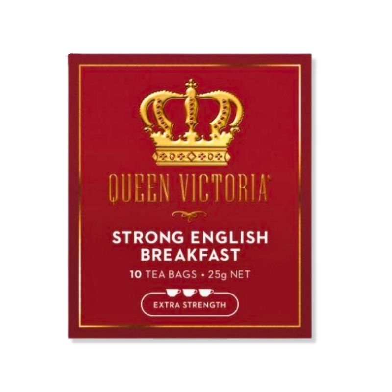 Red packaging of Queen Victoria Strong English Breakfast tea with a gold crown logo.