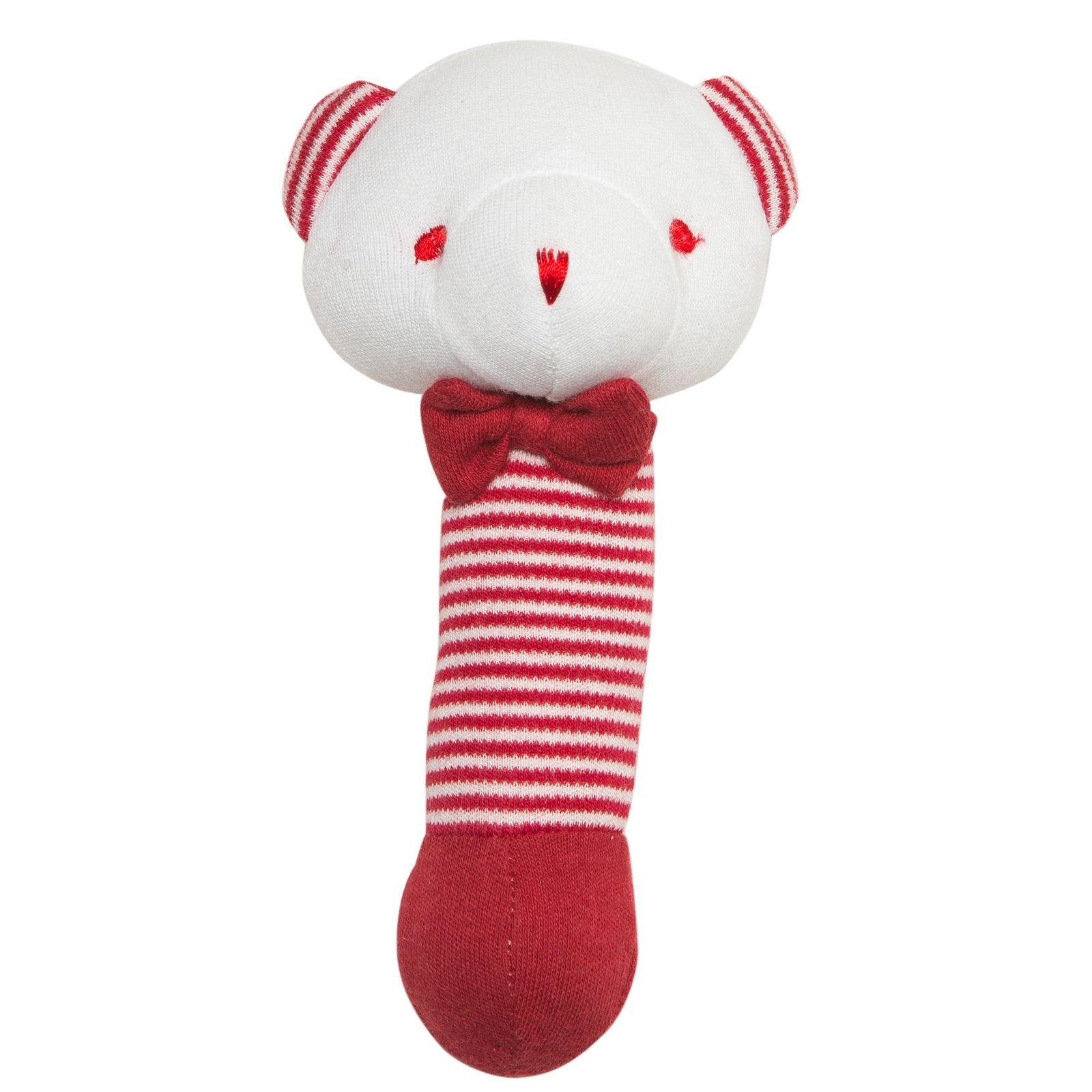 White plush toy with red and white striped legs and a bow tie on a white background