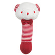 White plush toy with red and white striped legs and a bow tie on a white background