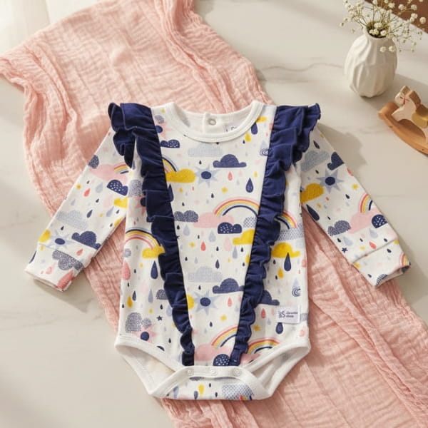Rainbow print baby romper on pretty table 
