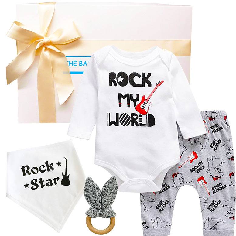 Baby outfit set with 'Rock My World' onesie, bib, and leggings with a teething ring.