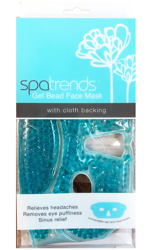 Spatrends gel bead face mask packaging with blue gel beads and text on a white background