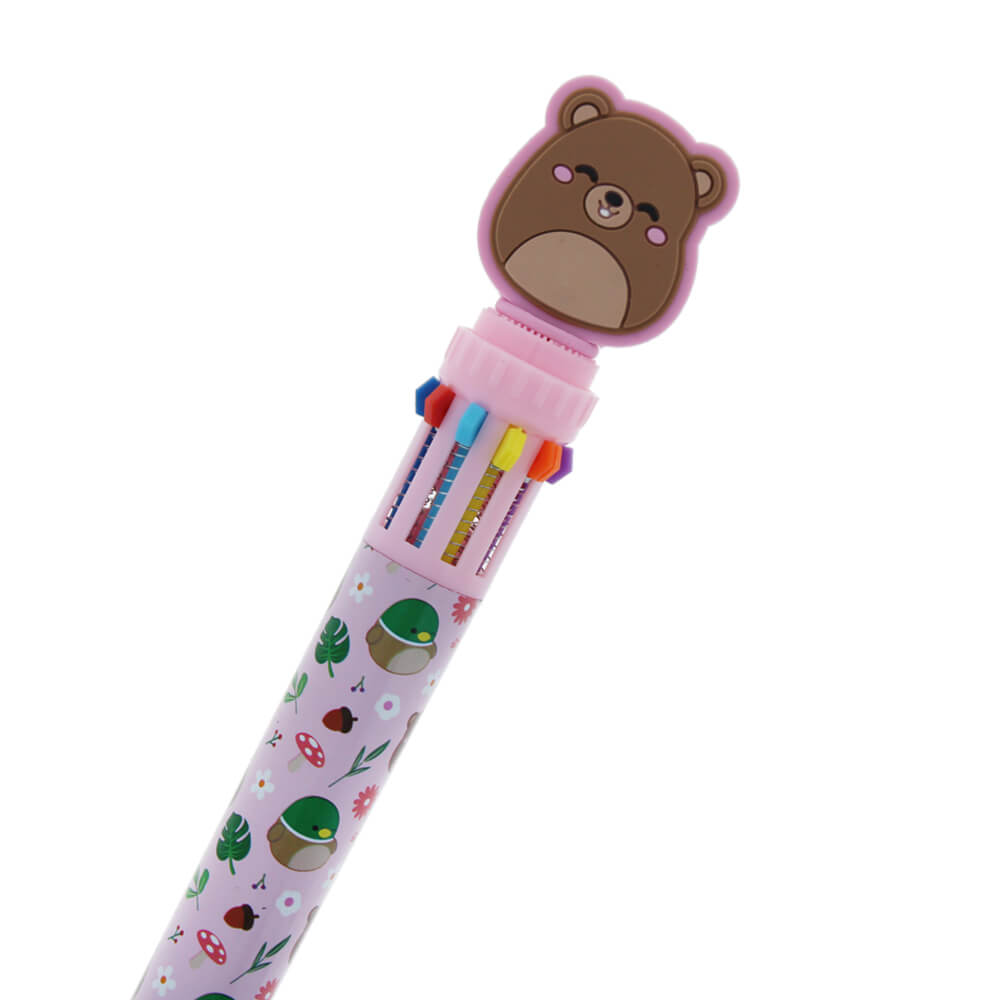 Multicolored pen with bear-shaped cap on a white background