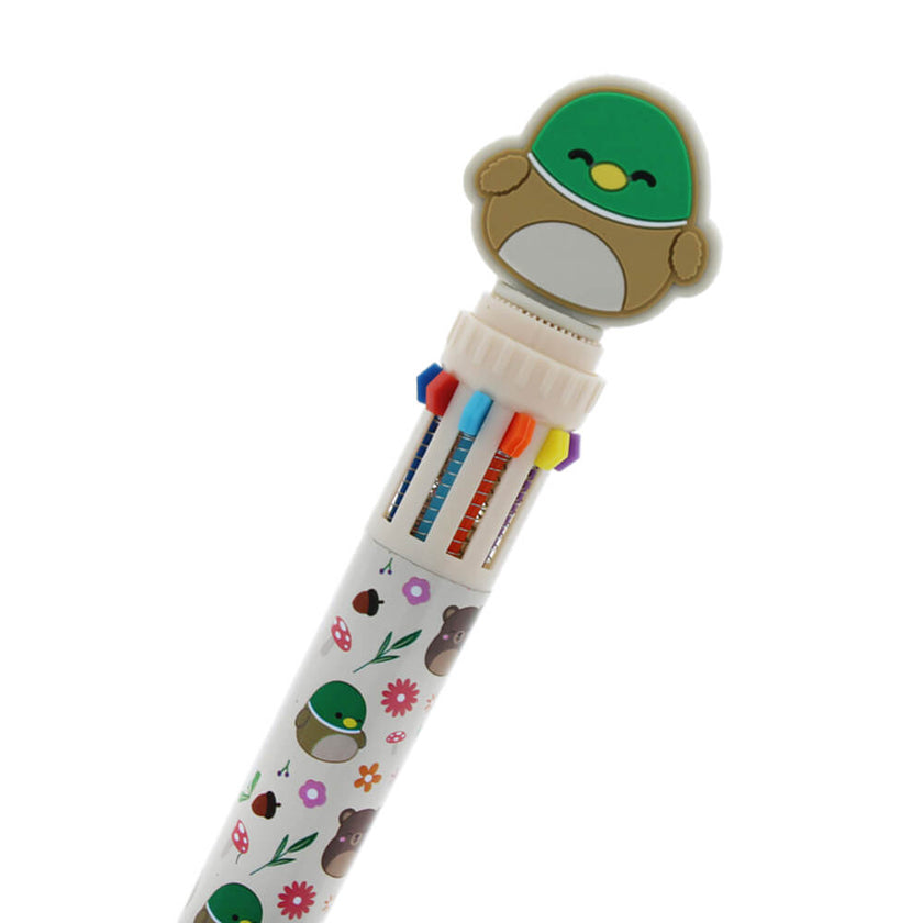 Colorful pen with cartoon character on a white background