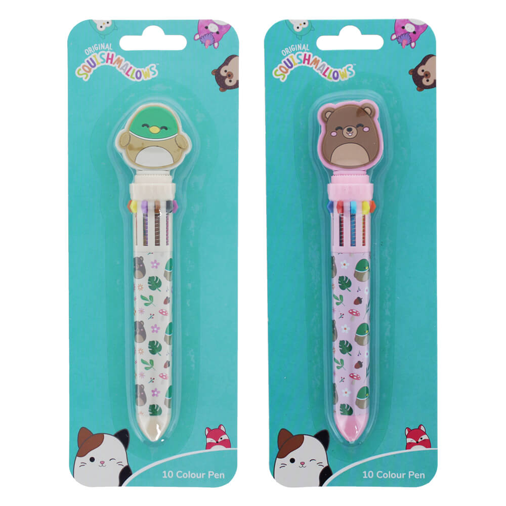 Two cartoon-themed color pens in packaging with 'Squishmallows' branding on a white background.