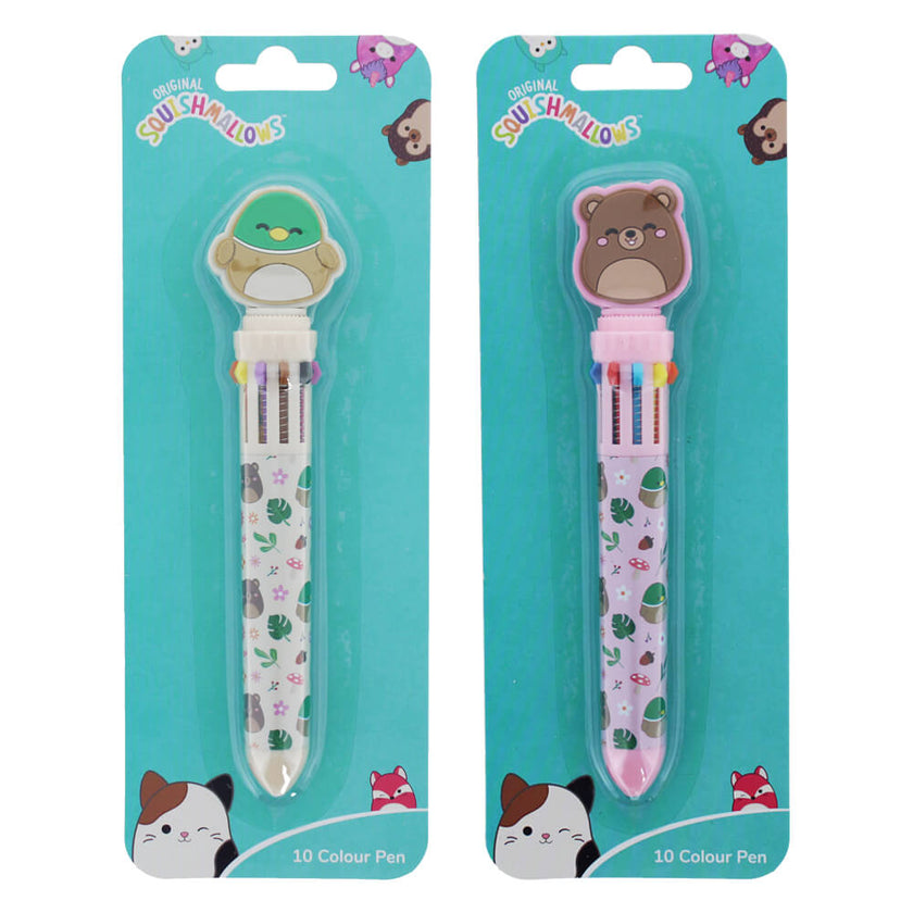 Two cartoon-themed color pens in packaging with 'Squishmallows' branding on a white background.