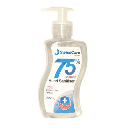 SwissCare 75% instant hand sanitizer bottle on a white background